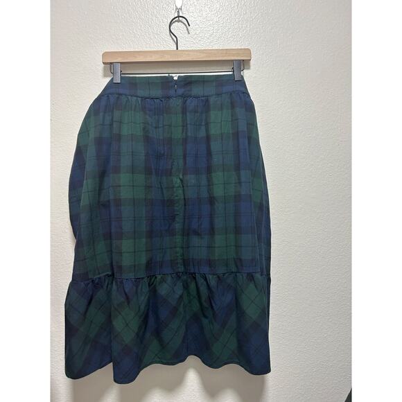 J Crew Midi Skirt Blackwatch Plaid Tartan Green Navy Ruffle Size XL ESTIMATE - Picture 3 of 6